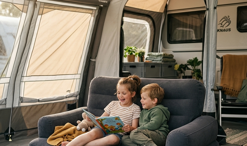 Aufblasbare Camping-Couch im Vorzelt