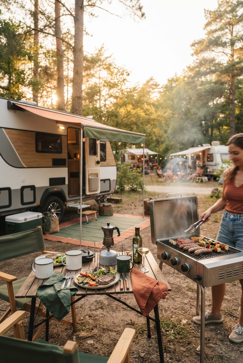 Camping-Kochgeschirr und Gasgrill am Wohnwagen