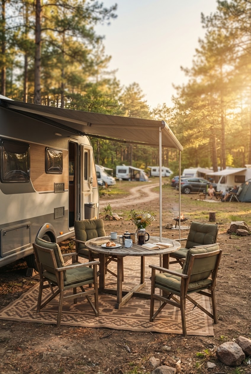 Campingmöbel unter Markise am Wohnwagen